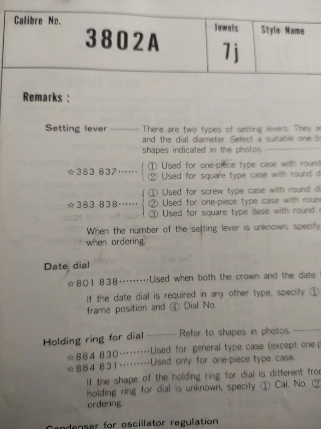NOS Circuit Plock Seiko Cal / 3802A/ 3803A/3819A/Part . 4001 838