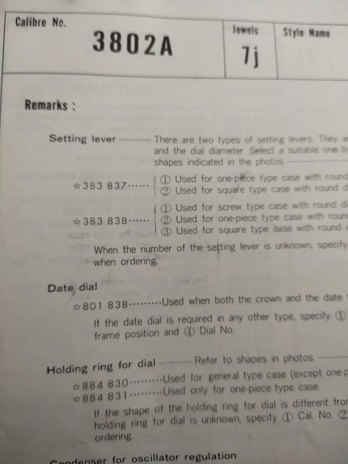 NOS Circuit Plock Seiko Cal / 3802A/ 3803A/3819A/Part . 4001 838